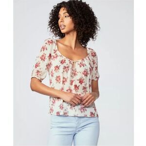 NWT PAIGE Franciska Crinkle Chiffon Silk Sheer Top in Nude Cream/Cherry Red Sz M